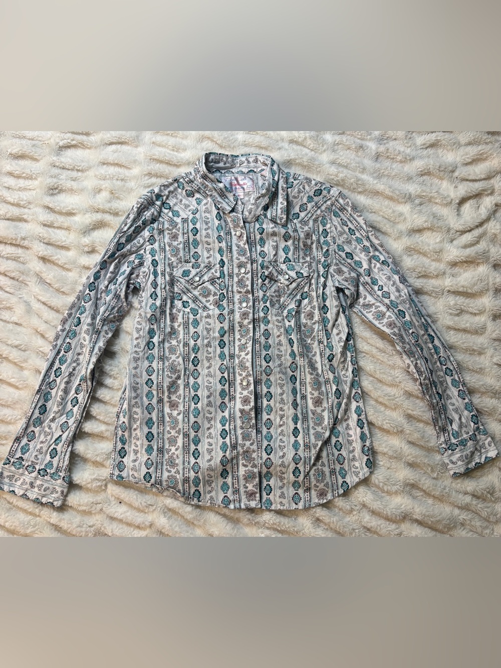 Panhandle Button-Front Kids Shirt - Cream, with Brown & Teal Pattern